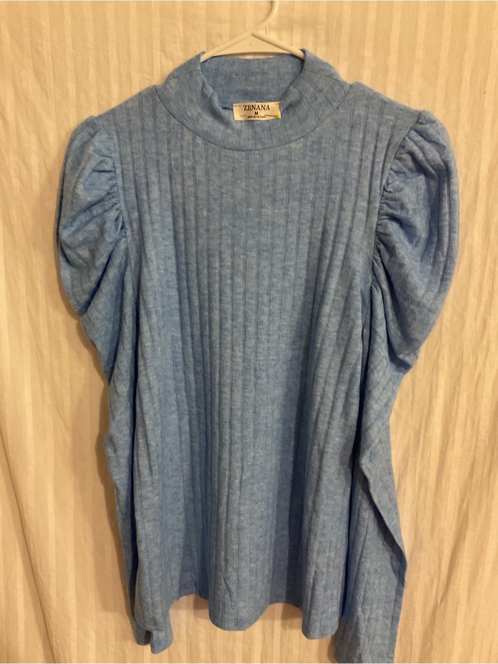 New Zenana Ocean Blue Ribbed Puff-Sleeve Top Sz.M.